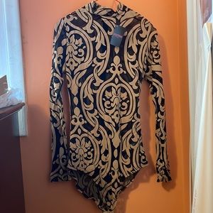 Brown Suede Pattern with Black Mesh Long Sleeve Bodysuit